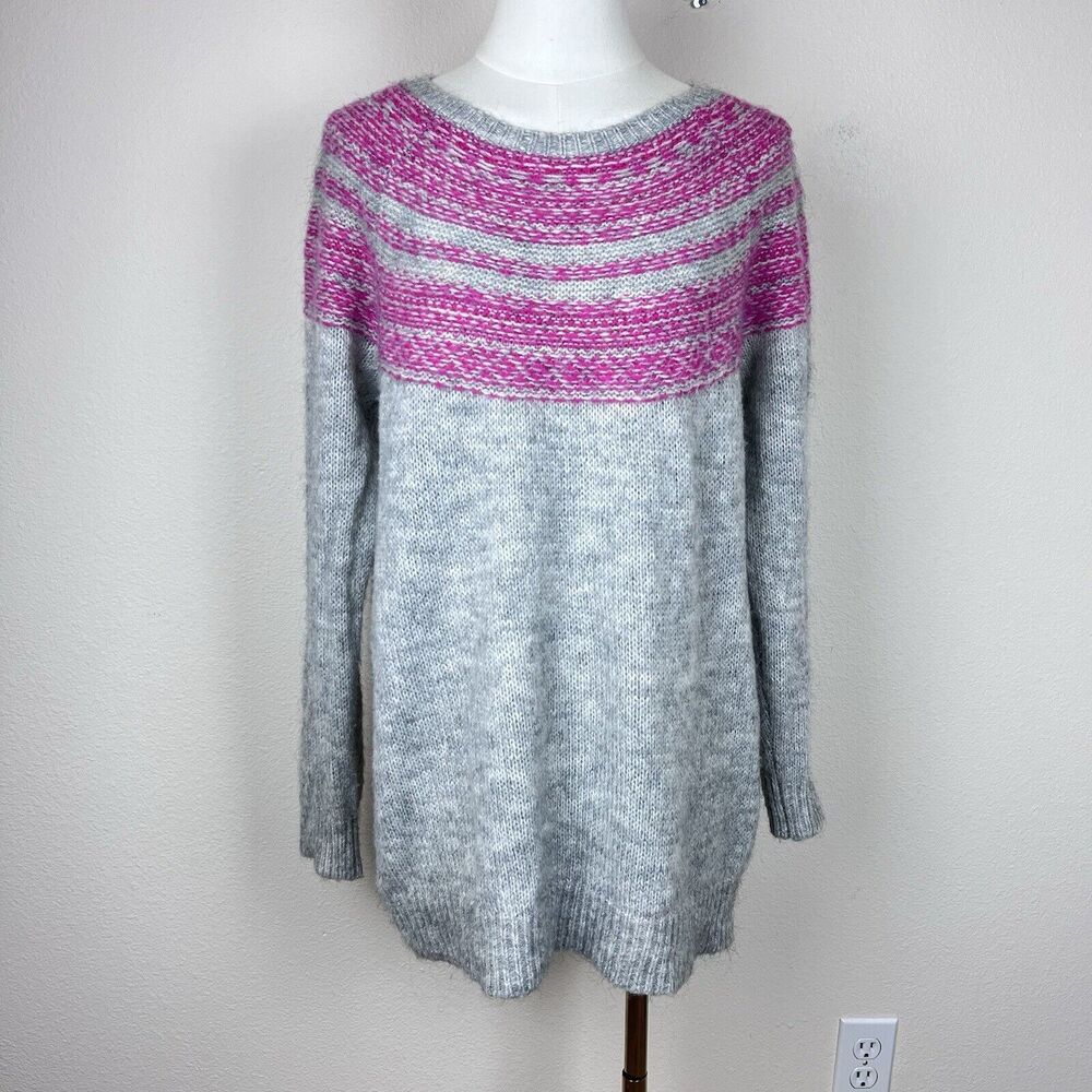Loft Sweater Womens Medium Mohair Wool Blend Fair Isle Cozy Classic Preppy Gray